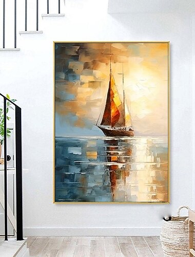  Handmade Oil Painting Canvas Wall art Decoration Abstract Knife Painting Landscape Sailboat Used for Home Decoration Frameless and Unstretched Painting