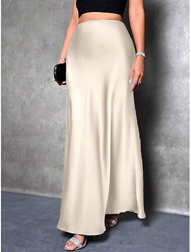  Women's Skirt A Line Fashion Casual Maxi High Waist Skirts Solid Colored Micro-elastic Street Daily Apricot Black Grey Winter Satin Polyester