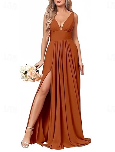 A-Linje Forlovede Kjole Dyp U-Hals Uten Ermer Elegant Gulvlengde Chiffon med Splitt Front  Rynking