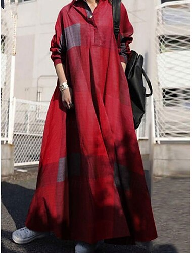  Femmes Robe maxi Robes en coton et lin Robe Décontractée Robe évasée ancien Élégant Basique Vacances Travail Quotidien Coupe Ample Plaid manche longue Col de chemise Jaune Rouge Bleu Printemps Automne