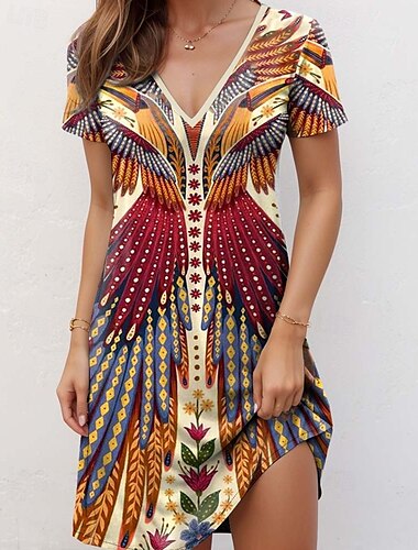  Dames Mini Jurk Petite Jurk T Shirt Jurk Tee Jurk Zomer Jurk A Lijn Jurk Elegant Stylish Vakantie Verjaardag Casual Regular Fit Motief Kleur Blok Korte Mouw V Hals Geel Zomer