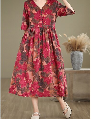 Damen Maxikleid Baumwoll-Leinen-Kleider Freizeitkleid Basic Lässig Urlaub Täglich Normale Passform Blumen Kurzarm V Ausschnitt Rote Sommer