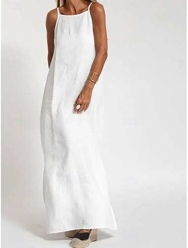  Femmes Robe maxi Robes en coton et lin Robe Décontractée Robe Nuisette Basique Occasionnel Vacances Quotidien Coupe régulière Uni Sans manches Bretelle Blanche Vert Véronèse Été