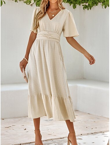  Damen Midikleid Casual kleid A Linie Kleid Stilvoll Basic Brautkleider schlicht Urlaub Täglich Regular Fit Glatt Kurzarm V Ausschnitt Aprikose Sommer Frühling