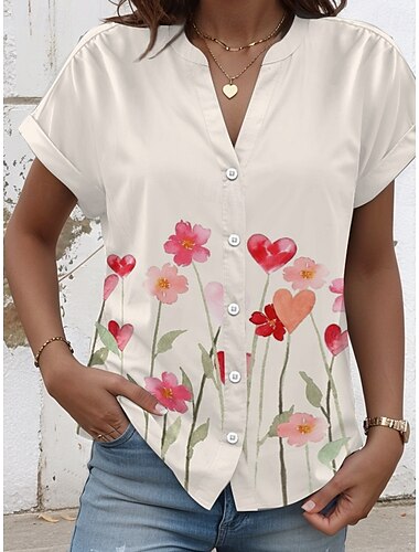  Dames Shirt Hart Bloemen Grafisch Modern Casual Korte Mouwen Geprofileerde Hals Reguliere Tops Werk Dagelijks Knopen Print Beige Zomer Lente