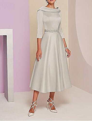  A-Linie Kleid Brautmutterkleid Elegantes Vintage Bateau-Ausschnitt Teelänge Satin 3/4 Länge Ärmel mit Perlen Rennkleid