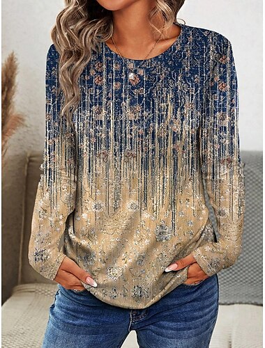  Damen T Shirt Ombre Grafik Lässig Langarm Rundhalsausschnitt Normale Oberteile Täglich Druck Khaki Frühling Herbst