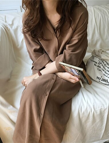  robe longue femme robe maxi robe chemise robe décontractée élégant décontracté vacances quotidien rendez-vous coupe régulière uni manches longues revers bleu marine marron vert été printemps