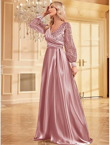  Robe de soirée A-Line élégante robe invitée de mariage soirée longueur de sol manches longues en bulle encolure en V satin avec paillettes
