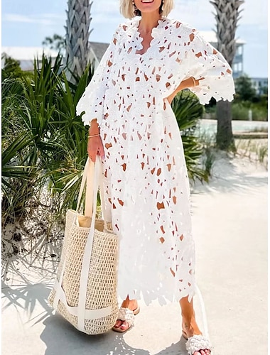  Wearables de Playa para Mujeres Cubierta de Baño Vestidos Trajes de Baño Cortados de Encaje Ropa de Playa Sencilla de Manga Larga