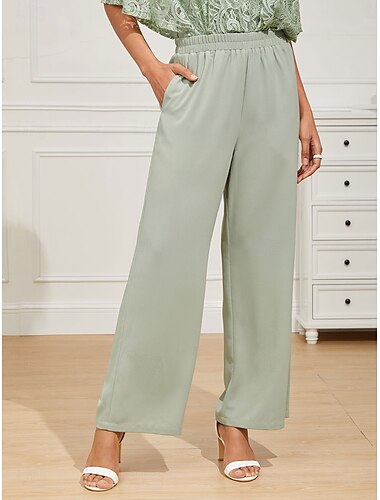  Damen Weites Bein Chinos Basic Volle Länge Hohe Taille Einfach Tasche Elastischer Bund Bequem Weich Mikroelastisch Formell Hochzeit Graues Grün Sommer Frühling Normale Passform
