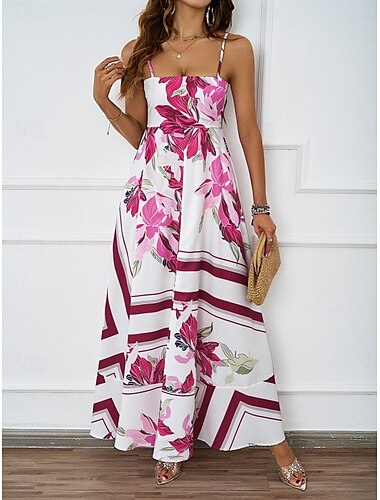  Damen Maxidress Casual kleid Boho Chic Kleider Böhmen Kuschelig Stilvoll Urlaub Täglich Strand Lockere Passform Blumen Geometrisch Ärmellos Gurt Blau Fuchsie Sommer