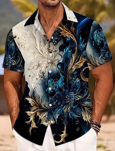  Voor heren Bloemenprint Bloem Overhemd Overhemd met knopen Korte mouw Mode-casual Vakantie Feestdagen Strand Kleding Zomer Lente Strijkijzer shirts met kraag blauw