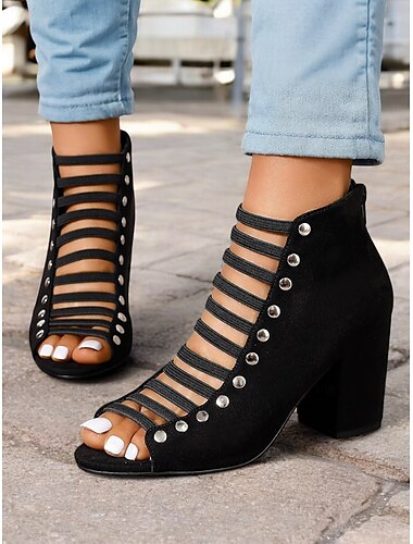  Schwarze Riemchensandalen mit Blockabsatz und Nietendetails für Damen – trendiges Peep-Toe-Design für Büro und Party