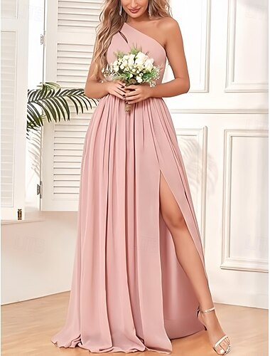 A-Linie Brautjungfernkleid Ein-Schulter Ärmellos Elegant Bodenlang Chiffon mit Falten / Geteilter Vorderteil / Raffung 2022