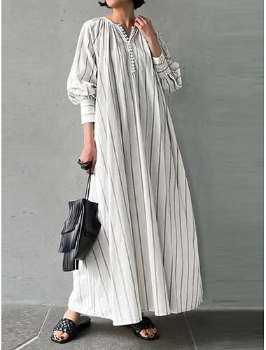  Pentru femei Rochie Maxi Rochii de in bumbac Rochie casual De Bază Casual Vacanță Zilnic Fit regulat Dunga Manșon Lung În V Alb Albastru piscină Vară Primăvară