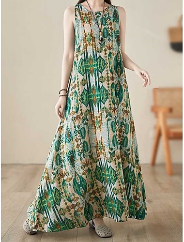  Dámské Maxi šaty Bavlněné lněné šaty Volnočasové šaty Boho Chic šaty Tankové šaty Čechy Na běžné nošení Cikánský Dovolená Denní Plážové Volný Geometrický Bez rukávů Tričkový Trávová zelená Léto