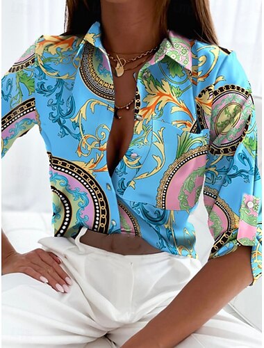  Mujer Camisa Blusa Floral Geométrico Elegante Casual Manga Larga Cuello Camisero Tops regulares Diario Botones Estampado Negro Azul Piscina Verde Trébol Verano Primavera