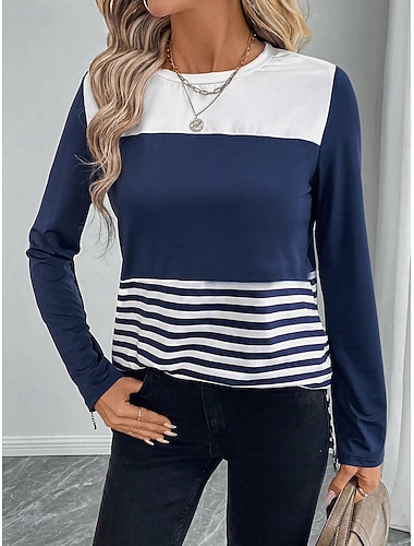  T-shirt da donna con collo a girocollo maniche lunghe tunica a righe casual top regolari stampa quotidiana blu primavera autunno