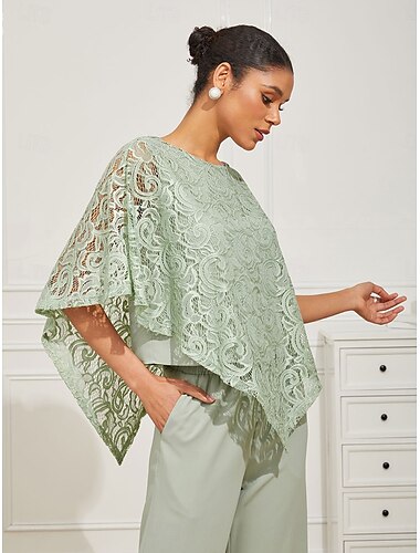  Damen Bluse Elegante Oberteile Glatt Elegant Halbe Ärmel Rundhalsausschnitt Normale Oberteile kleid hochzeitsgast Täglich Spitze Patchwork Layer-Look Salbeigrün Sommer Frühling