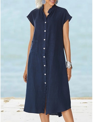 Damen Midikleid Baumwoll-Leinen-Kleider Freizeitkleid Maxikleid aus Baumwolle Basic Lässig Urlaub Täglich Normale Passform Einfach Kurzarm Einkerbiger Ausschnitt Weiß Marineblau Sommer