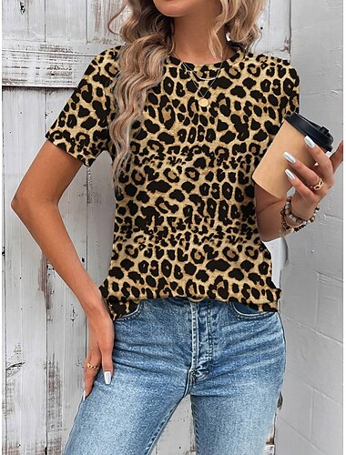  Dames T-shirt Luipaard Casual Korte mouw Ronde hals Normale tops Dagelijks Afdrukken Bruin Zomer