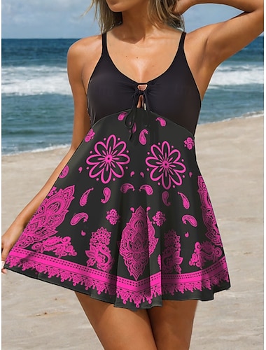  Costumi da bagno da donna Costumi interi 2 pezzi Tankini Costumi 2 pezzi Costumi modesti Vacanza Abbigliamento da spiaggia Floreale Stampa Spallina Senza maniche