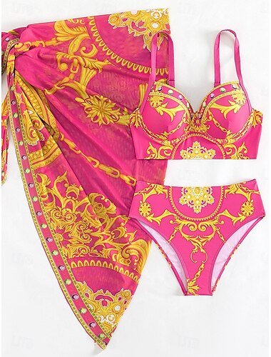  Damen Badeanzug Bikinis 2 Stück Rock Bademode Rückenfrei Schlank Urlaub Strandbekleidung Blumen Halfterhals Ärmellos Badeanzüge
