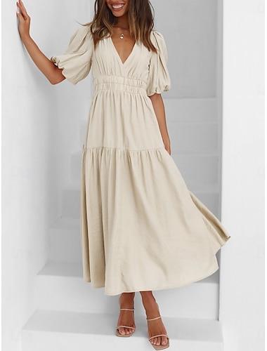  Women's Maxi Dress Casual Dress Swing Dress Basic Casual Vacation Daily Regular Fit Plain Short Sleeve V Neck Black Green Apricot Light Blue Summer