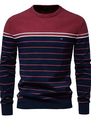  Herren Pullover Gerippt Stricken Normale Oberteile Farbblock Gestreift Rundhalsausschnitt Strickware Täglich Outdoor Urlaub Bekleidung Frühling Herbst Wein Marineblau S M L