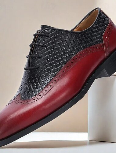  Oxford-Schuhe für Herren aus rot-schwarzem geflochtenem Leder – hochwertiges Rindsleder, Brogue-Details, formelle Abendschuhe für Geschäftstreffen und besondere Anlässe