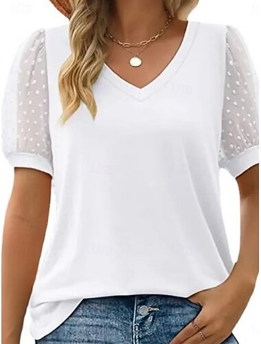  Per donna maglietta Liscio Di tendenza Moderno Informale Manica corta A V Top regolari Giornaliero Fine settimana Pizzo Collage Nero Bianco Estate Primavera