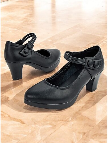  Women's Black High Heel Mary Jane Pumps - Round Toe, Stylish Ankle Strap with Button Detail, Perfect for Office or Casual Wear