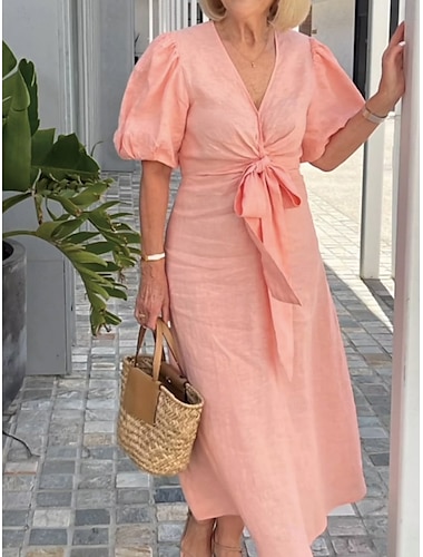  Dame Maxikjole Lin-inspirerte kjoler Hvit kjole Uformell kjole Kroppstett Kjole Stilfull Grunnleggende Fritid Feriereise Daglig Normal عادي Kortermet V-hals Hvit Rosa Sommer Vår