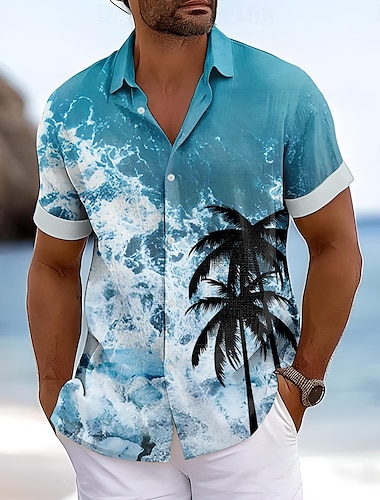  Herr Kokosnötsträd Hav Hawaii skjorta Aloha skjorta Kortärmad Hawaiisk Strandstil Semester Strand Sommar Vår Nedvikt Knappen uppåt Blå 1# Blå