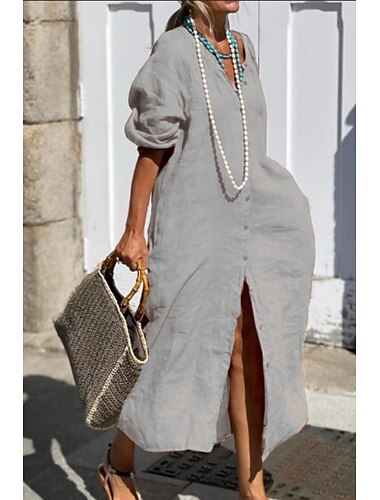  Damen Maxikleid Baumwoll-Leinen-Kleider Hemdblusenkleid Freizeitkleid Basic Lässig Urlaub Täglich Normale Passform Einfach Langarm Hemdkragen Grau Sommer Frühling