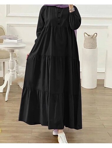  Femmes Robe Longue Maxi Robe Robes inspirées du lin Robe Chemise Robe Décontractée Élégant Occasionnel Vacances Quotidien Date Coupe régulière Uni manche longue Col ras du cou Noir Rose Claire Kaki