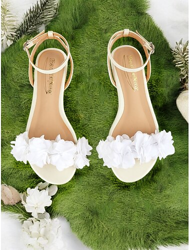  weiße, florale, offene, flache Sandalen mit Knöchelriemen für Damen – bequeme, lässige Sommerkleidung und Hochzeit