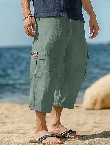  Hombre Shorts capri cargo Pantalones cortos de lino Pantalones cortos de verano Pantalones cortos de playa Correa Cintura elástica Multi bolsillo Plano Comodidad Transpirable Longitud de la rodilla