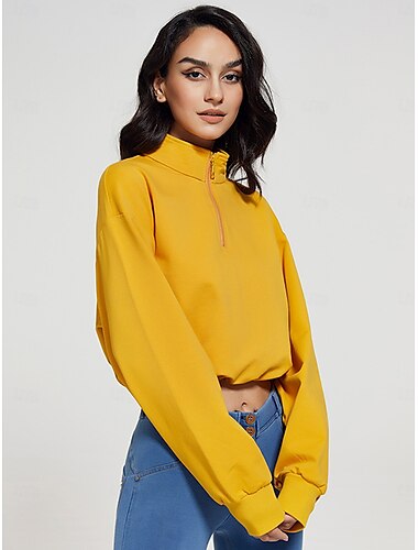  Damen Normal Sweatshirts Plaid Klassisch Brautkleider schlicht Boho Langarm Stehkragen Crop Tops Strasse Casual Ausgehen Schwarz Gelb Blau Frühling Herbst
