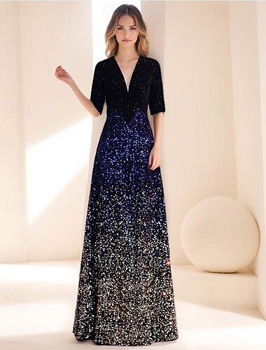  A-Linien-Abendkleid, Vintage-Kleid, formelle Hochzeit, bodenlang, halbe Ärmel, V-Ausschnitt mit Ombre-Glitzer 2025