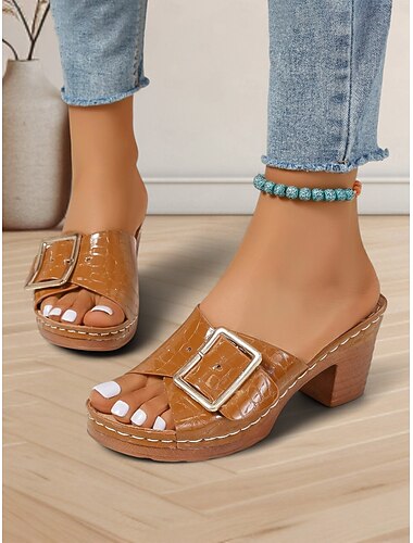  svarta mulesandaler med krokodilpräglade damer med guldspänne – snygg design med öppen tå och blockklackar för casual sommaroutfits och fester