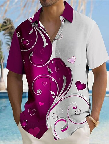  Valentýn Pánské Srdce láska Květinový Košile Košile na knoflíky Krátký rukáv Móda pro volný čas Dovolená Dar Léto Podzim Přehnutý 3D tisk Vodní modrá Růžová Rubínově červená Fialová Trávová zelená