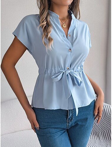  女性用 シャツ ブラウス 純色 日常 ビジネス 半袖 タートルネック レギュラートップス 日常 前で結ぶ ボタン ホワイト ライトブルー 夏