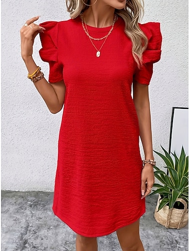  Women's Mini Dress Casual Dress Stylish Casual Vacation Work Daily Regular Fit Plain Short Sleeve Crew Neck Black Red Summer Spring