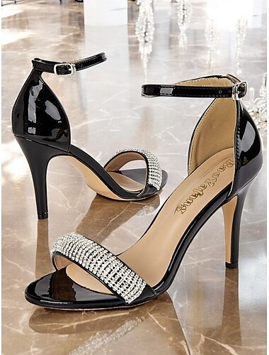  Sandalias de tacón alto de charol negro con adornos de pedrería - zapatos de fiesta y boda para mujer
