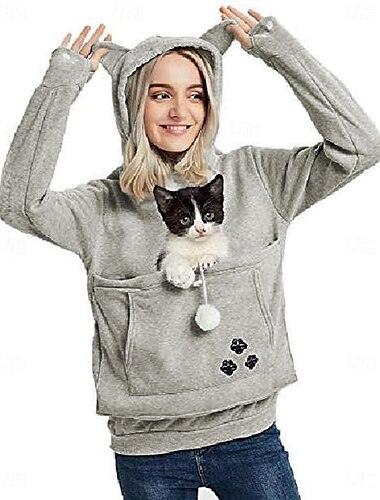  Sudaderas con capucha de canguro grande para mujer, lindo jersey de portadores de orejas de gato, sudadera con soporte para perros y gatos, azul profundo