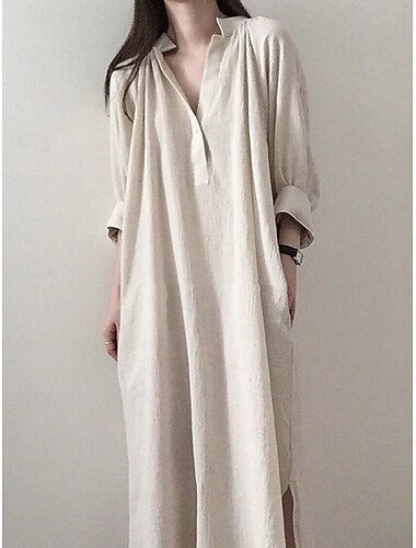  Mujer Vestido maxi Vestidos de lino y algodón Vestido informal Vestido de Columpio Vestido largo de algodón Básico Casual Vacaciones Diario Ajuste regular Plano Manga Larga Escote Chino Caqui