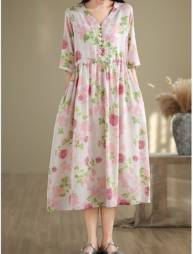  Femmes Robe Longue Maxi Robe Robes en coton et lin Robe Décontractée Basique Occasionnel Vacances Quotidien Coupe régulière Fleuri Manche Courte Col en V Rose Claire Été