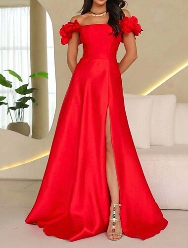  A-Linie Abendkleider Promi-Stil Kleid Karnival Hochzeitsempfang Boden-Länge Ärmellos Schulterfrei Satin mit Schlitz 2025